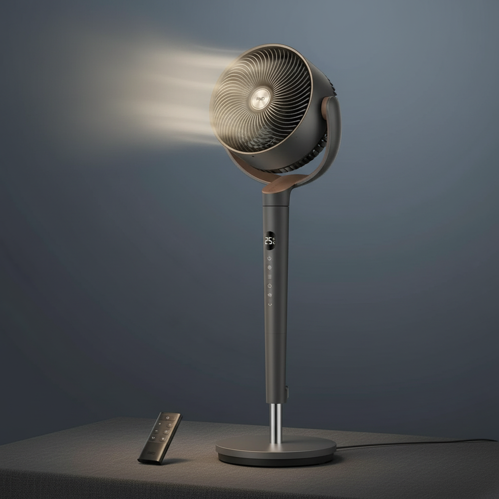 Sleek, modern Quiet Oscillating Standing Fan with a tall, slender base and a minimalist fan head, illuminated by soft warm li
