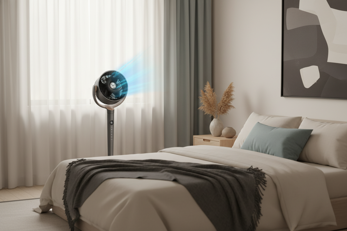 Quiet Oscillating Standing Fan in a serene bedroom with soft, warm cream and slate blue lighting, creating a tranquil atmosph